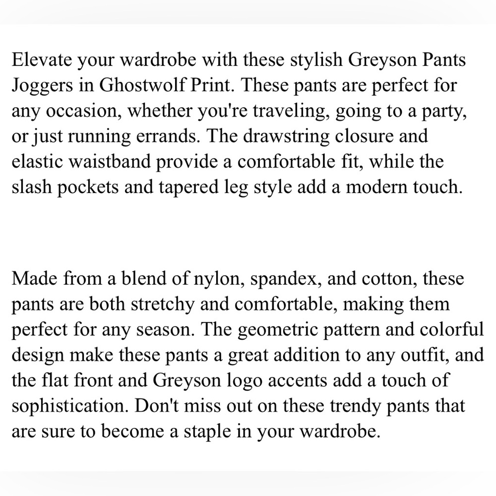 Greyson Sequoia Pants Joggers Ghostwolf Print Large Multicolor Nylon Cotton - Picture 9 of 9